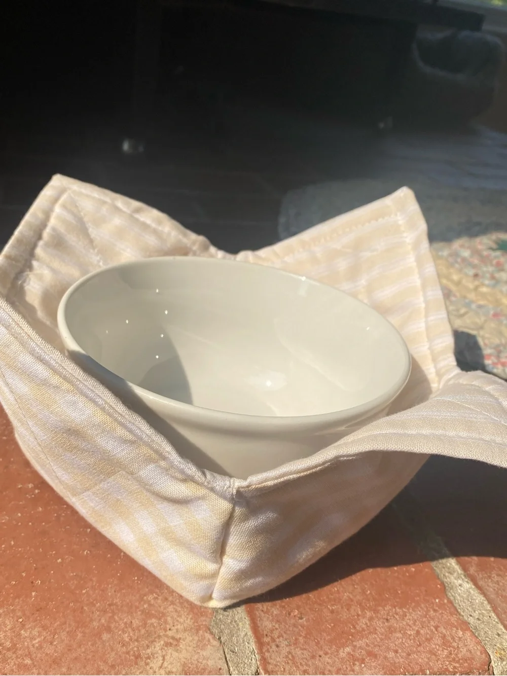 Handmade bowl cozie 100% cotton microwave washer safe.